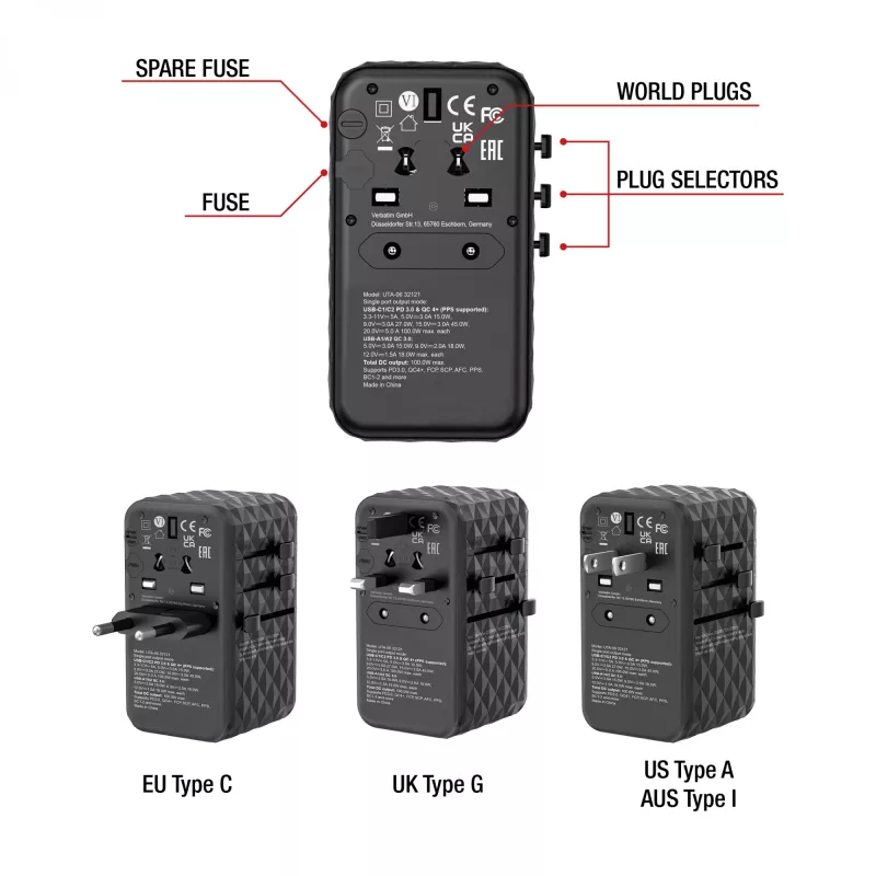 Verbatim UTA-06 100W GaN III universalus kelionių adapteris su 2 x USB-C PD ir QC 4+ bei 2 x USB-A QC 3.0 prievadais