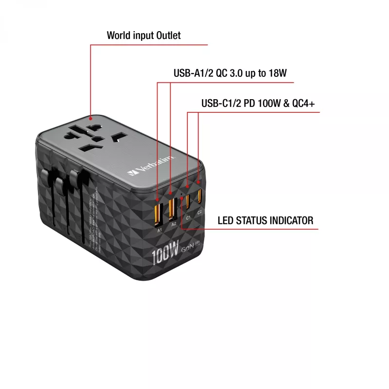 Verbatim UTA-06 100W GaN III universalus kelionių adapteris su 2 x USB-C PD ir QC 4+ bei 2 x USB-A QC 3.0 prievadais