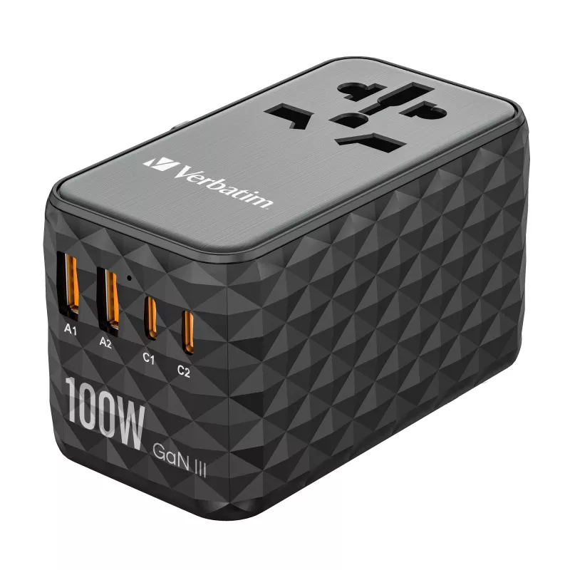 Verbatim UTA-06 100W GaN III universalus kelionių adapteris su 2 x USB-C PD ir QC 4+ bei 2 x USB-A QC 3.0 prievadais