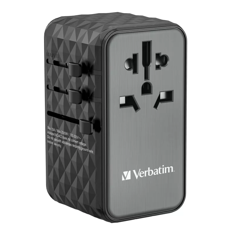 Verbatim UTA-06 100W GaN III universalus kelionių adapteris su 2 x USB-C PD ir QC 4+ bei 2 x USB-A QC 3.0 prievadais