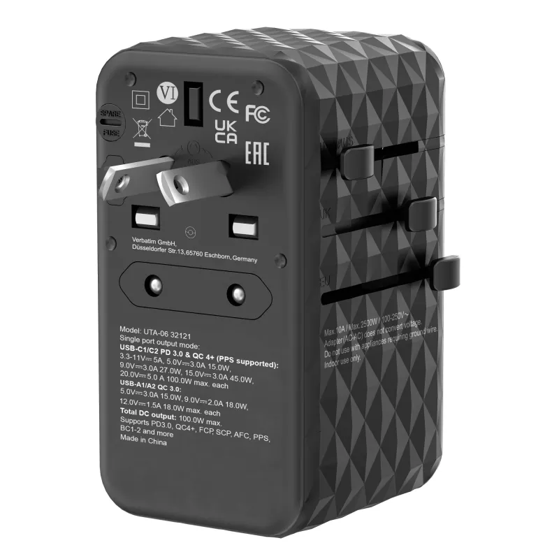 Verbatim UTA-06 100W GaN III universalus kelionių adapteris su 2 x USB-C PD ir QC 4+ bei 2 x USB-A QC 3.0 prievadais