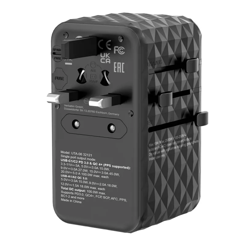 Verbatim UTA-06 100W GaN III universalus kelionių adapteris su 2 x USB-C PD ir QC 4+ bei 2 x USB-A QC 3.0 prievadais