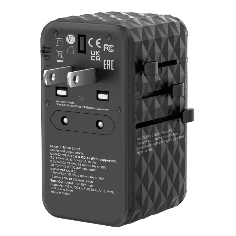 Verbatim UTA-06 100W GaN III universalus kelionių adapteris su 2 x USB-C PD ir QC 4+ bei 2 x USB-A QC 3.0 prievadais