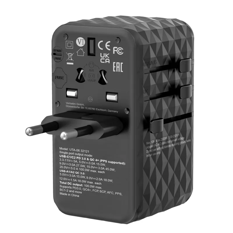 Verbatim UTA-06 100W GaN III universalus kelionių adapteris su 2 x USB-C PD ir QC 4+ bei 2 x USB-A QC 3.0 prievadais