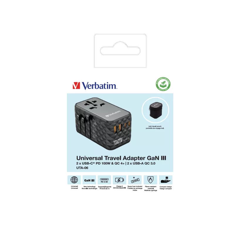 Verbatim UTA-06 100W GaN III universalus kelionių adapteris su 2 x USB-C PD ir QC 4+ bei 2 x USB-A QC 3.0 prievadais