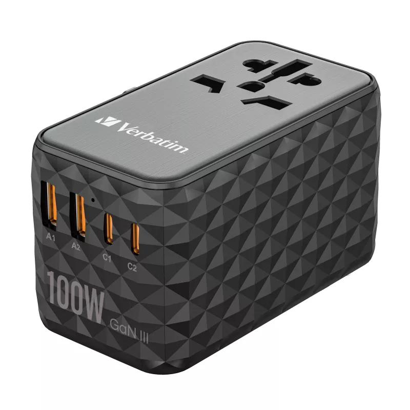 Verbatim UTA-06 100W GaN III universalus kelionių adapteris su 2 x USB-C PD ir QC 4+ bei 2 x USB-A QC 3.0 prievadais