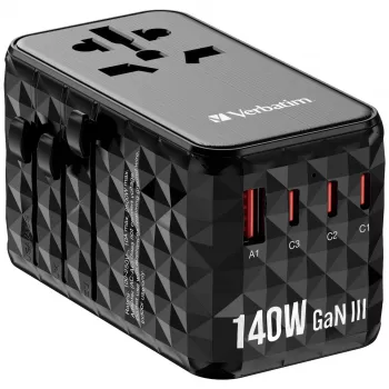 Verbatim UTA-10 140W GaN III universalus kelioninis adapteris su 2 x USB-C PD 3.1 ir QC 4+, 1 x USB-C PD 3.0 ir 1 x USB-A QC 3.0 prievadais