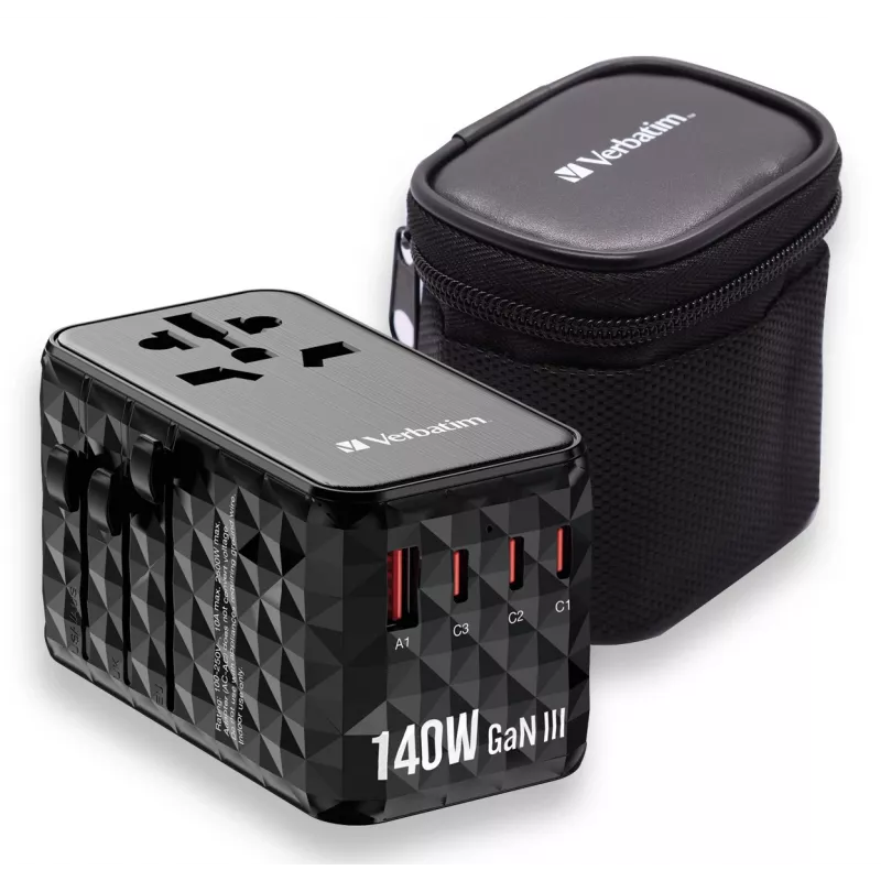 Verbatim UTA-10 140W GaN III universalus kelioninis adapteris su 2 x USB-C PD 3.1 ir QC 4+, 1 x USB-C PD 3.0 ir 1 x USB-A QC 3.0 prievadais