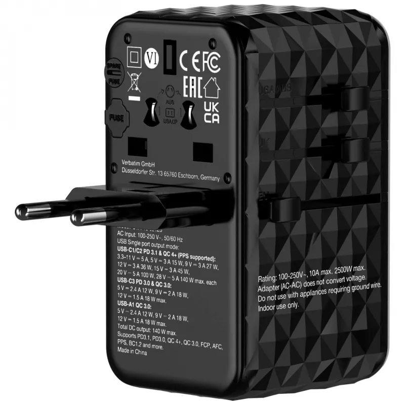 Verbatim UTA-10 140W GaN III universalus kelioninis adapteris su 2 x USB-C PD 3.1 ir QC 4+, 1 x USB-C PD 3.0 ir 1 x USB-A QC 3.0 prievadais