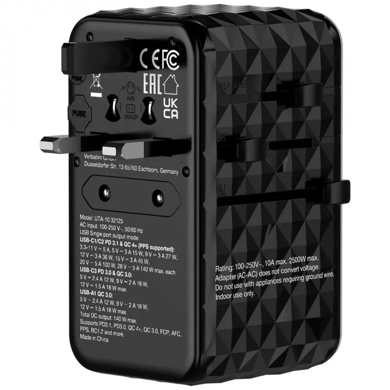 Verbatim UTA-10 140W GaN III universalus kelioninis adapteris su 2 x USB-C PD 3.1 ir QC 4+, 1 x USB-C PD 3.0 ir 1 x USB-A QC 3.0 prievadais