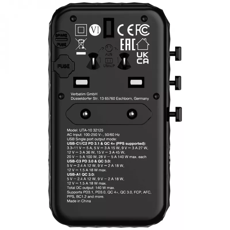 Verbatim UTA-10 140W GaN III universalus kelioninis adapteris su 2 x USB-C PD 3.1 ir QC 4+, 1 x USB-C PD 3.0 ir 1 x USB-A QC 3.0 prievadais