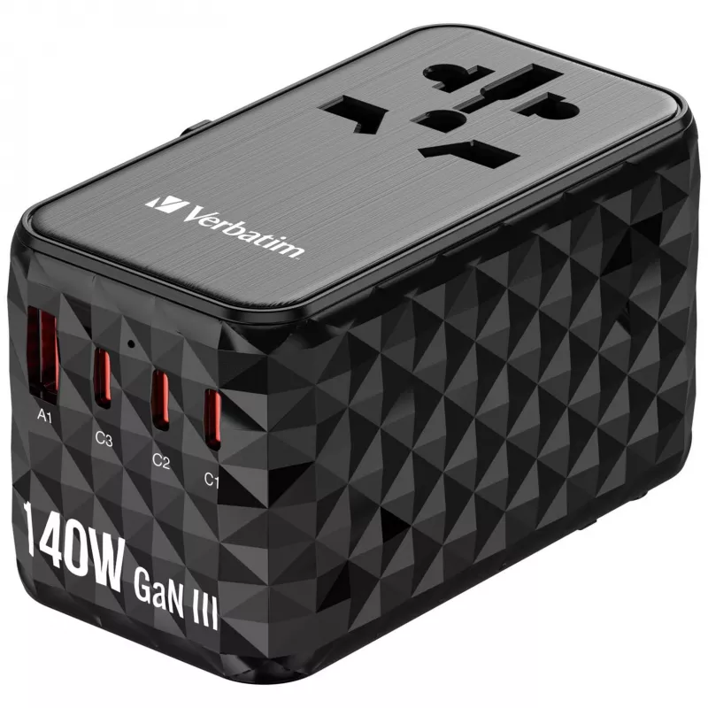 Verbatim UTA-10 140W GaN III universalus kelioninis adapteris su 2 x USB-C PD 3.1 ir QC 4+, 1 x USB-C PD 3.0 ir 1 x USB-A QC 3.0 prievadais