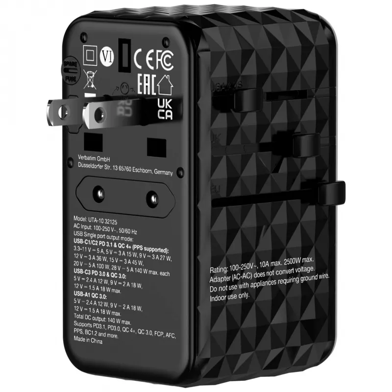 Verbatim UTA-10 140W GaN III universalus kelioninis adapteris su 2 x USB-C PD 3.1 ir QC 4+, 1 x USB-C PD 3.0 ir 1 x USB-A QC 3.0 prievadais