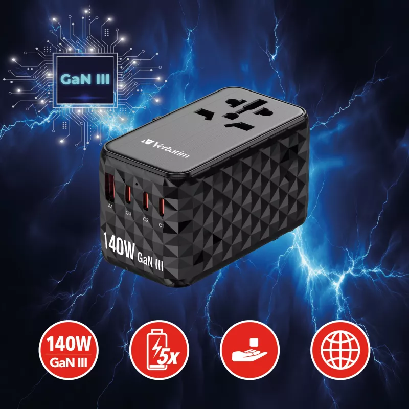 Verbatim UTA-10 140W GaN III universalus kelioninis adapteris su 2 x USB-C PD 3.1 ir QC 4+, 1 x USB-C PD 3.0 ir 1 x USB-A QC 3.0 prievadais