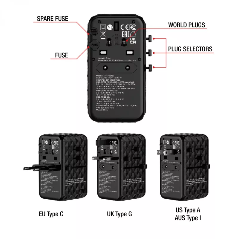 Verbatim UTA-10 140W GaN III universalus kelioninis adapteris su 2 x USB-C PD 3.1 ir QC 4+, 1 x USB-C PD 3.0 ir 1 x USB-A QC 3.0 prievadais