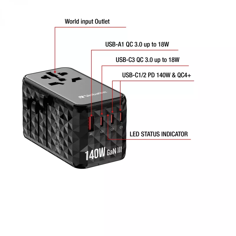 Verbatim UTA-10 140W GaN III universalus kelioninis adapteris su 2 x USB-C PD 3.1 ir QC 4+, 1 x USB-C PD 3.0 ir 1 x USB-A QC 3.0 prievadais