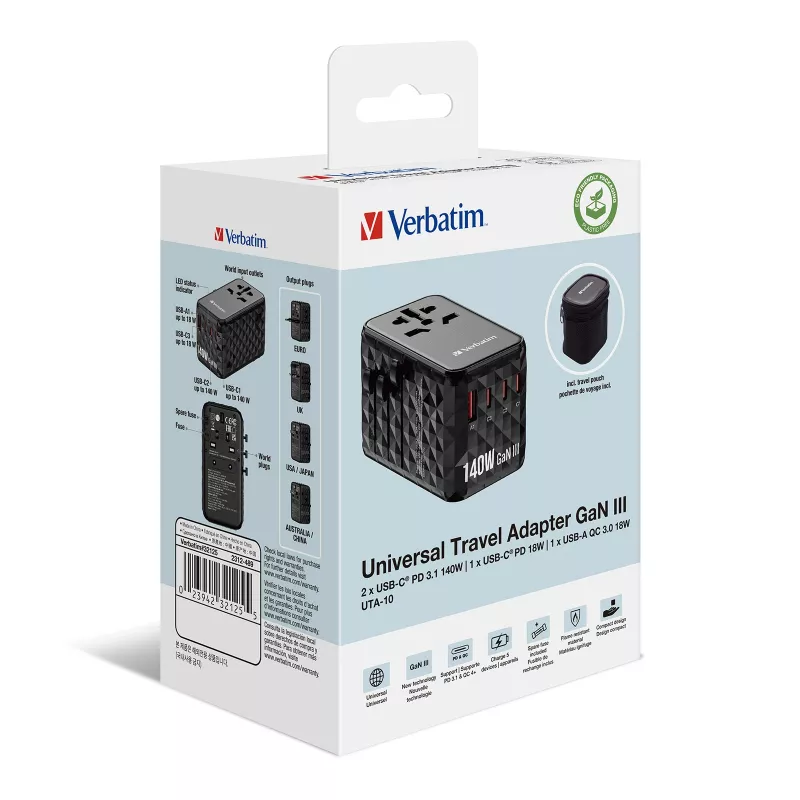 Verbatim UTA-10 140W GaN III universalus kelioninis adapteris su 2 x USB-C PD 3.1 ir QC 4+, 1 x USB-C PD 3.0 ir 1 x USB-A QC 3.0 prievadais