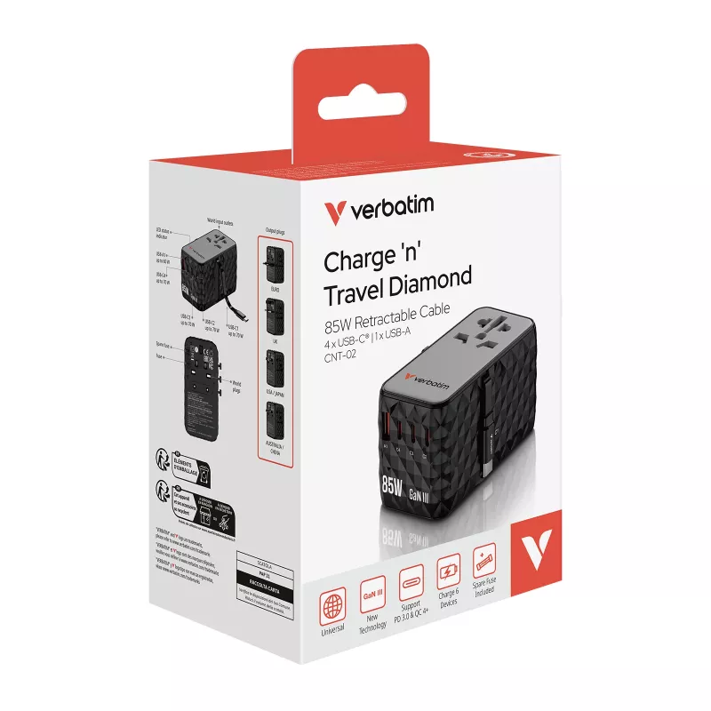 Verbatim Charge 'n' Travel Diamond 85W Retractable kabelis CNT-02
