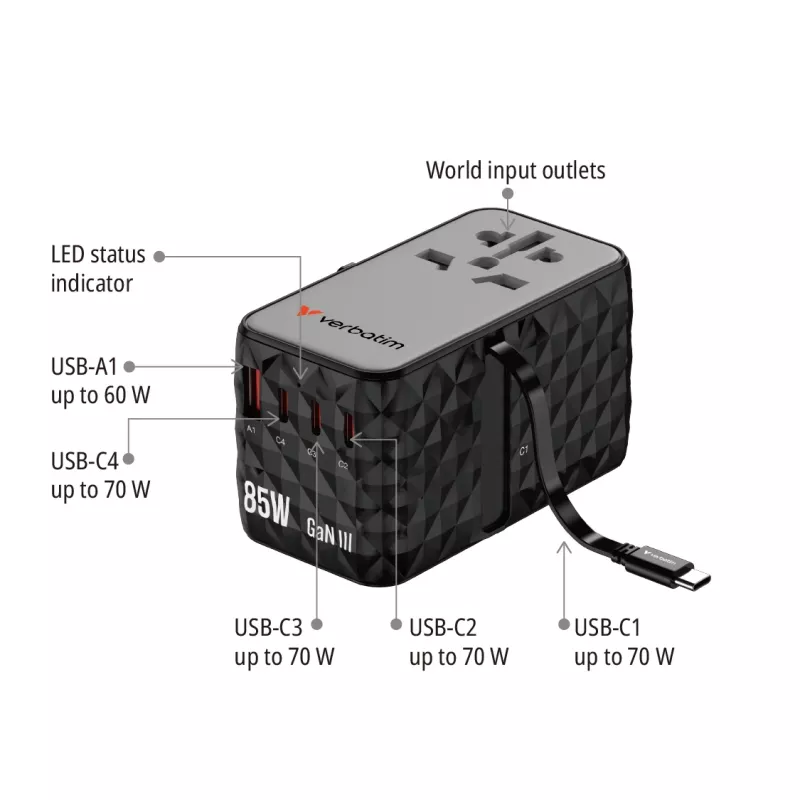 Verbatim Charge 'n' Travel Diamond 85W Retractable kabelis CNT-02