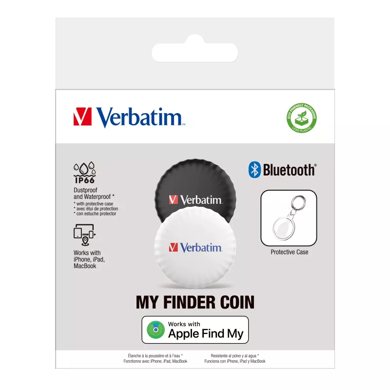 Verbatim My Finder Coin Bluetooth Tracker - 2 Pack, Asmeninis, Sekiklis, Juoda, Balta, Atsparus dulkėms, Atsparus vandeniui, IP66, CR2032