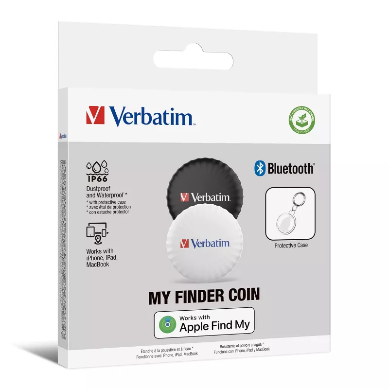 Verbatim My Finder Coin Bluetooth Tracker - 2 Pack, Asmeninis, Sekiklis, Juoda, Balta, Atsparus dulkėms, Atsparus vandeniui, IP66, CR2032