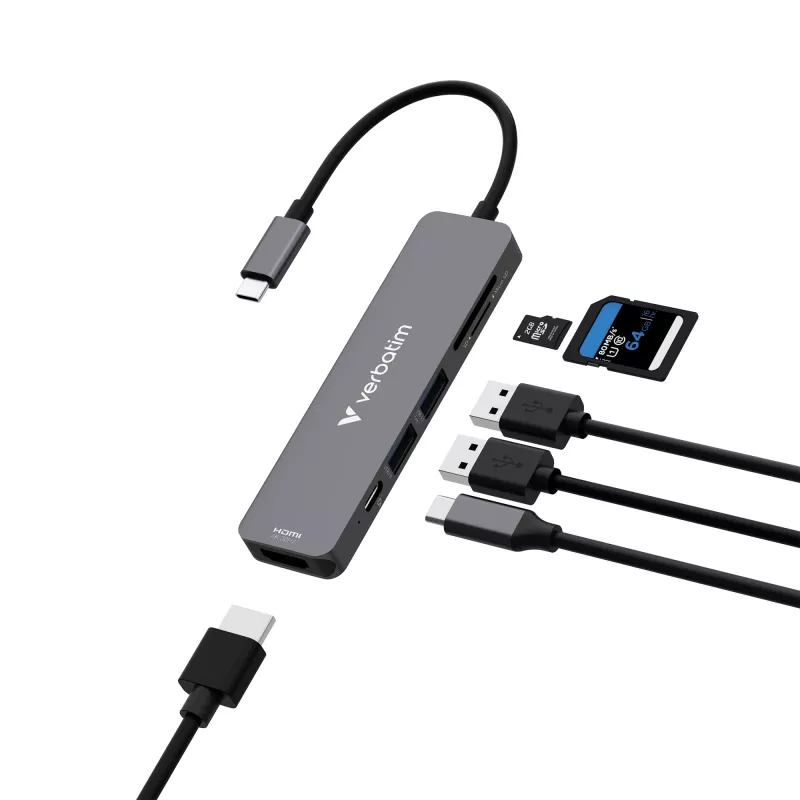 Verbatim USB-C Essentials Multiport Hub 6 prievadų: HDMI, USB-C PD, USB-A 3.2 Gen 1, USB-A, SD ir microSD
