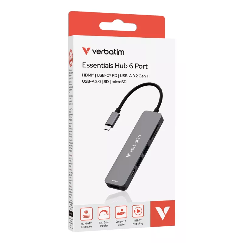 Verbatim USB-C Essentials Multiport Hub 6 prievadų: HDMI, USB-C PD, USB-A 3.2 Gen 1, USB-A, SD ir microSD
