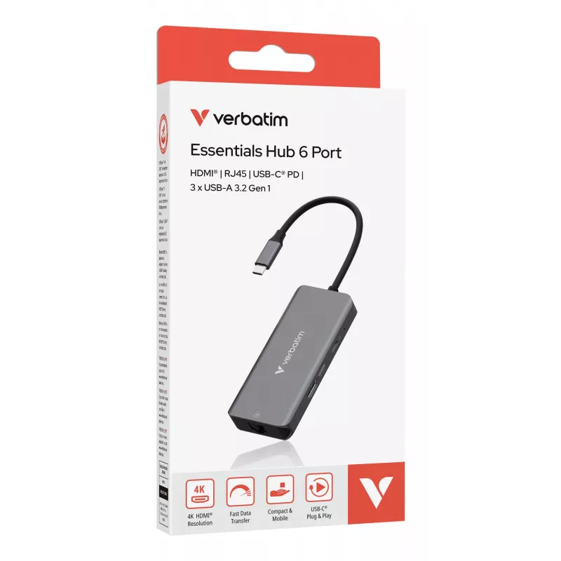 Verbatim USB-C Essentials Multiport Hub 6 prievadų: RJ45, HDMI, USB-C PD, 3 x USB-A 3.2 Gen 1