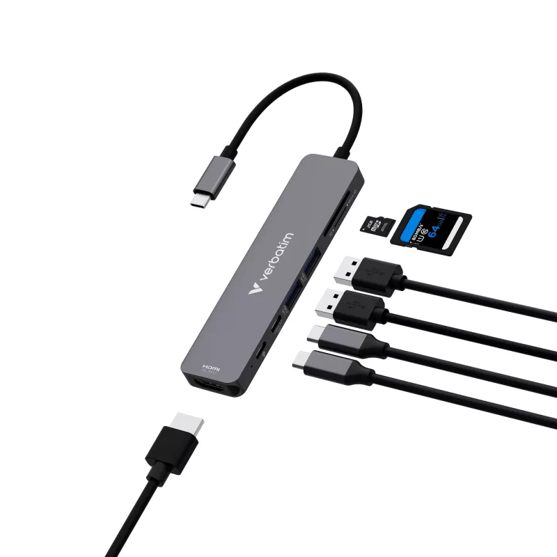 Verbatim USB-C Essentials universali jungčių stotelė su 7 prievadais: HDMI, USB-C, USB-C 3.2 Gen 1, 2 x USB-A 3.2 Gen 1, SD ir microSD