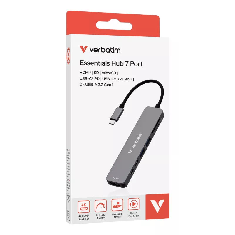 Verbatim USB-C Essentials universali jungčių stotelė su 7 prievadais: HDMI, USB-C, USB-C 3.2 Gen 1, 2 x USB-A 3.2 Gen 1, SD ir microSD