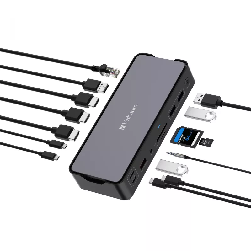 Verbatim CDS-15 laidinė USB 3.2 Gen 1 (3.1 Gen 1) Type-C dokinė stotelė, juoda, pilka
