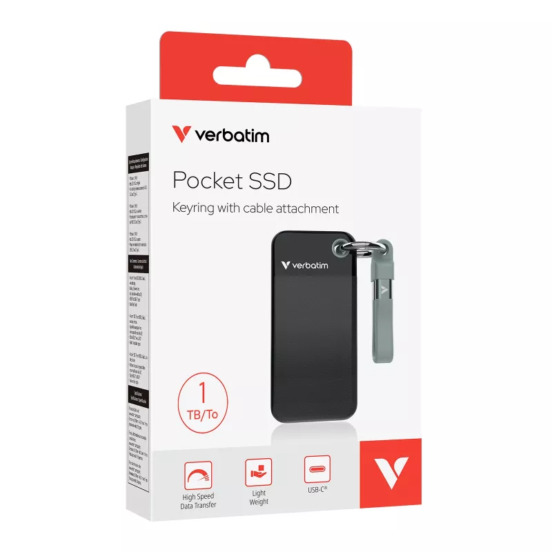 Verbatim Pocket SSD USB 3.2 Gen 2 1TB juoda/pilka, 1 TB, USB Type-C, 3.2 Gen 2 (3.1 Gen 2), 1000 MB/s, 10 Gbit/s, juoda, pilka