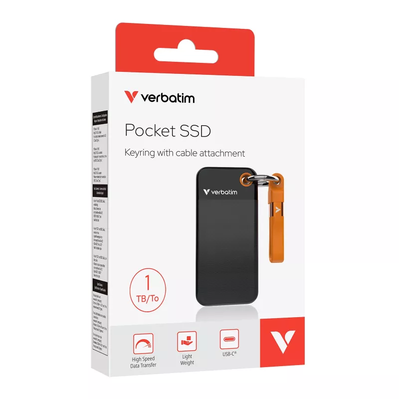 Verbatim Pocket SSD USB 3.2 Gen 2 1TB Juoda/Oranžinė, 1 TB, USB Type-C, 3.2 Gen 2 (3.1 Gen 2), 1000 MB/s, 10 Gbit/s, Juoda, Oranžinė