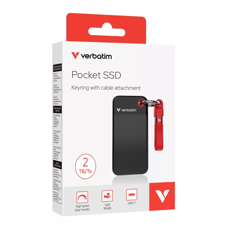 Verbatim Pocket SSD USB 3.2 Gen 2 2TB Juoda/Red, 2 TB, USB Type-C, 3.2 Gen 2 (3.1 Gen 2), 1000 MB/s, 10 Gbit/s, Juoda, Red