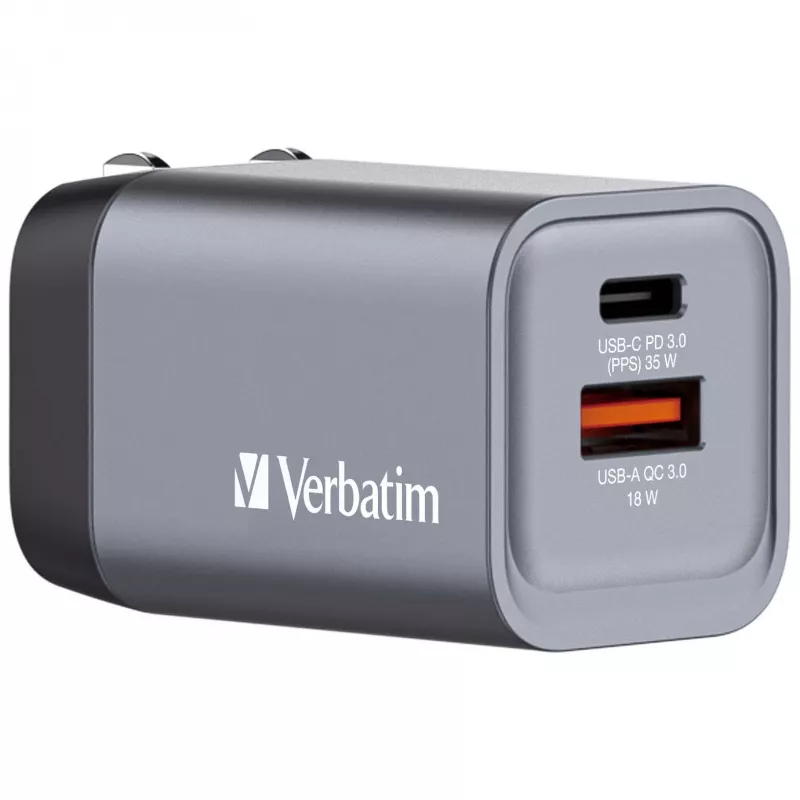 Verbatim GNC-35 GaN Charger 35W su 1 x USB-C PD 35W / 1 x USB-A QC 3.0 (EU/UK/US)