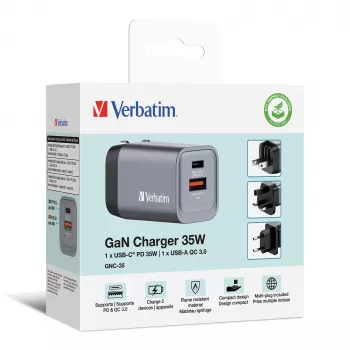 Verbatim GNC-35 GaN Charger 35W su 1 x USB-C PD 35W / 1 x USB-A QC 3.0 (EU/UK/US)