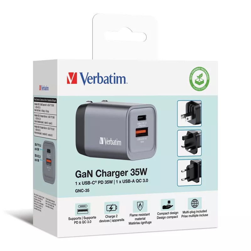 Verbatim GNC-35 GaN Charger 35W su 1 x USB-C PD 35W / 1 x USB-A QC 3.0 (EU/UK/US)