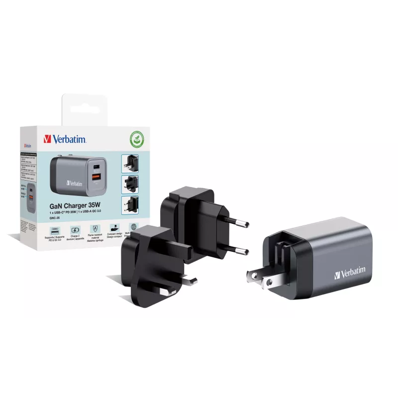 Verbatim GNC-35 GaN Charger 35W su 1 x USB-C PD 35W / 1 x USB-A QC 3.0 (EU/UK/US)