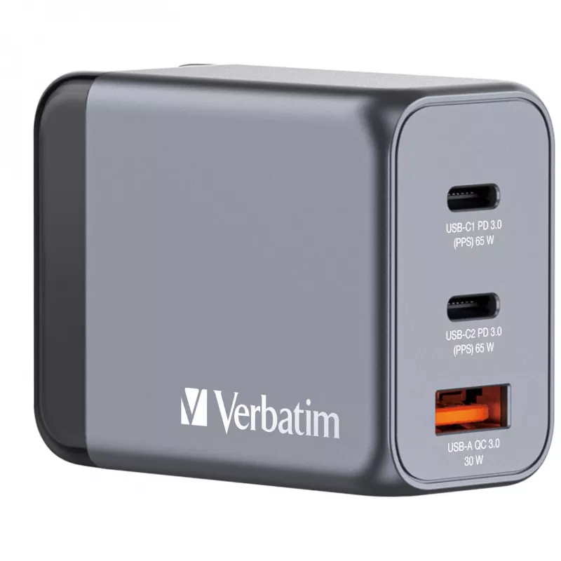 Verbatim GNC-65 GaN įkroviklis 65W su 2 x USB-C PD 65W / 1 x USB-A QC 3.0 (EU/UK/US)