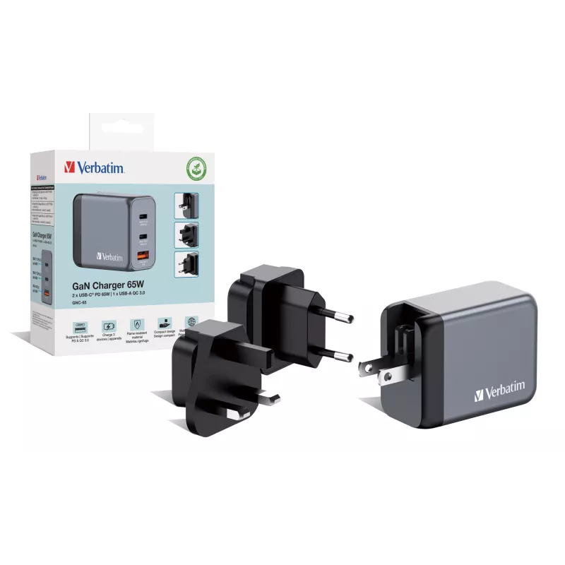 Verbatim GNC-65 GaN įkroviklis 65W su 2 x USB-C PD 65W / 1 x USB-A QC 3.0 (EU/UK/US)