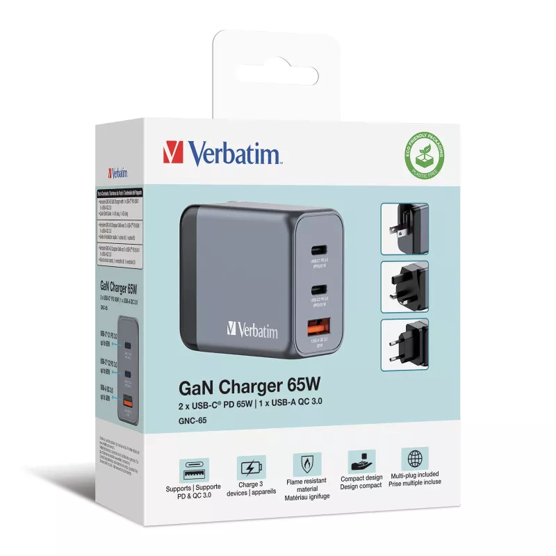 Verbatim GNC-65 GaN įkroviklis 65W su 2 x USB-C PD 65W / 1 x USB-A QC 3.0 (EU/UK/US)