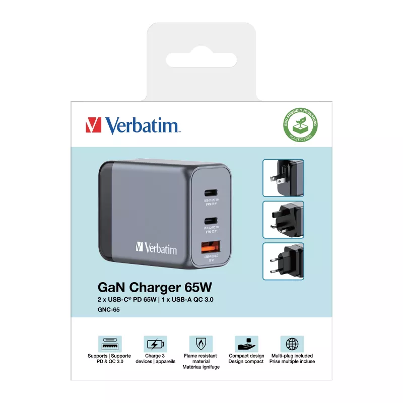 Verbatim GNC-65 GaN įkroviklis 65W su 2 x USB-C PD 65W / 1 x USB-A QC 3.0 (EU/UK/US)