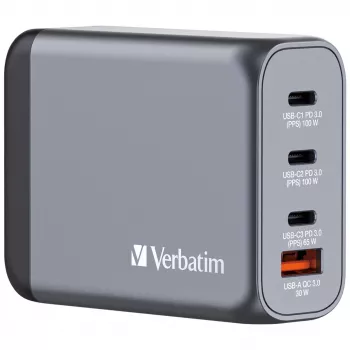 Verbatim GNC-100 GaN įkroviklis 100 W su 2 x USB-C PD 100 W / 1 x USB-C PD 65 W / 1 x USB-A QC 3.0 (EU/UK/US)