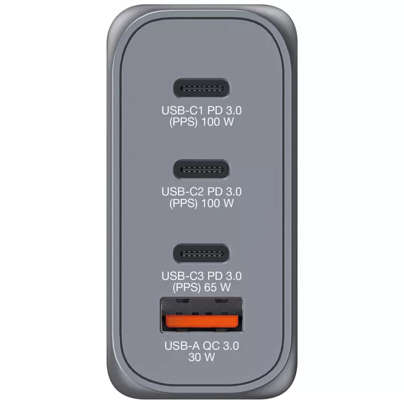 Verbatim GNC-100 GaN įkroviklis 100 W su 2 x USB-C PD 100 W / 1 x USB-C PD 65 W / 1 x USB-A QC 3.0 (EU/UK/US)