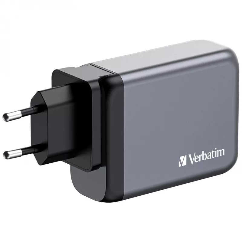 Verbatim GNC-100 GaN įkroviklis 100 W su 2 x USB-C PD 100 W / 1 x USB-C PD 65 W / 1 x USB-A QC 3.0 (EU/UK/US)
