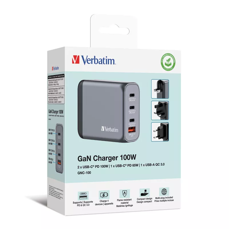 Verbatim GNC-100 GaN įkroviklis 100 W su 2 x USB-C PD 100 W / 1 x USB-C PD 65 W / 1 x USB-A QC 3.0 (EU/UK/US)