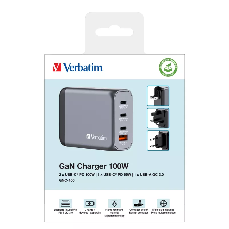 Verbatim GNC-100 GaN įkroviklis 100 W su 2 x USB-C PD 100 W / 1 x USB-C PD 65 W / 1 x USB-A QC 3.0 (EU/UK/US)