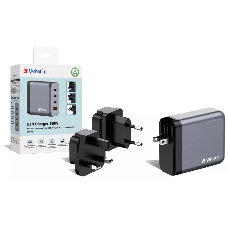 Verbatim GNC-140 GaN įkroviklis 140W su 2 x USB-C PD 140W / 1 x USB-C PD 20W / 1 x USB-A QC 3.0 (EU/UK/US)