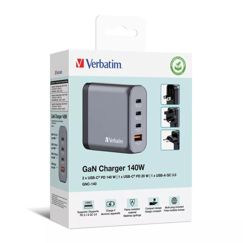 Verbatim GNC-140 GaN įkroviklis 140W su 2 x USB-C PD 140W / 1 x USB-C PD 20W / 1 x USB-A QC 3.0 (EU/UK/US)