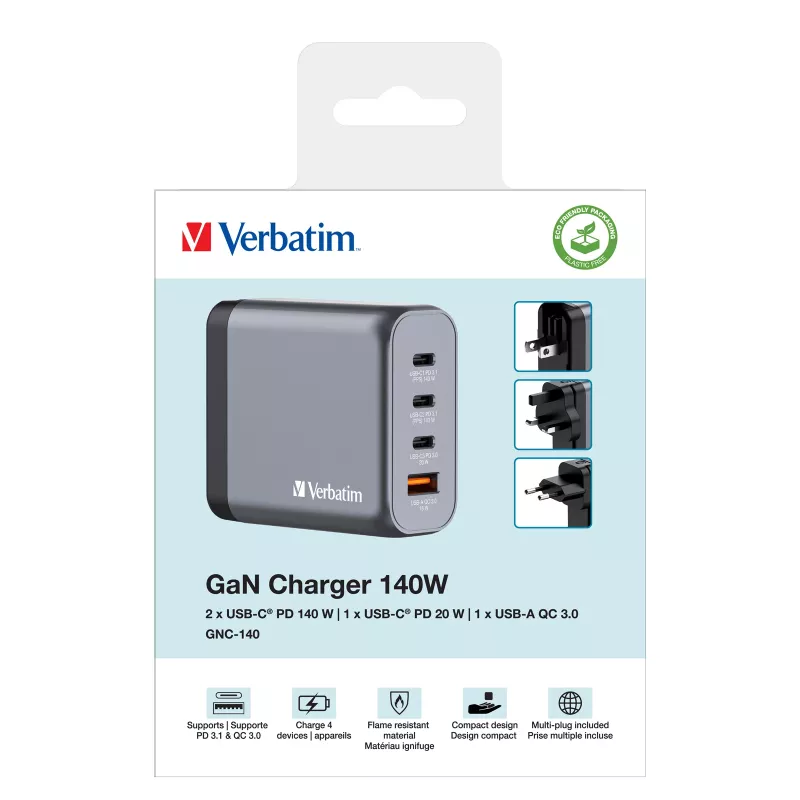 Verbatim GNC-140 GaN įkroviklis 140W su 2 x USB-C PD 140W / 1 x USB-C PD 20W / 1 x USB-A QC 3.0 (EU/UK/US)